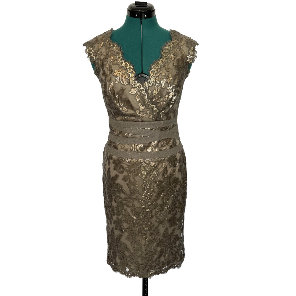 Tadashi‎ Shoji Cocktail Dress Sequined Lace Smoked Pearl Grey Bronze Size 4